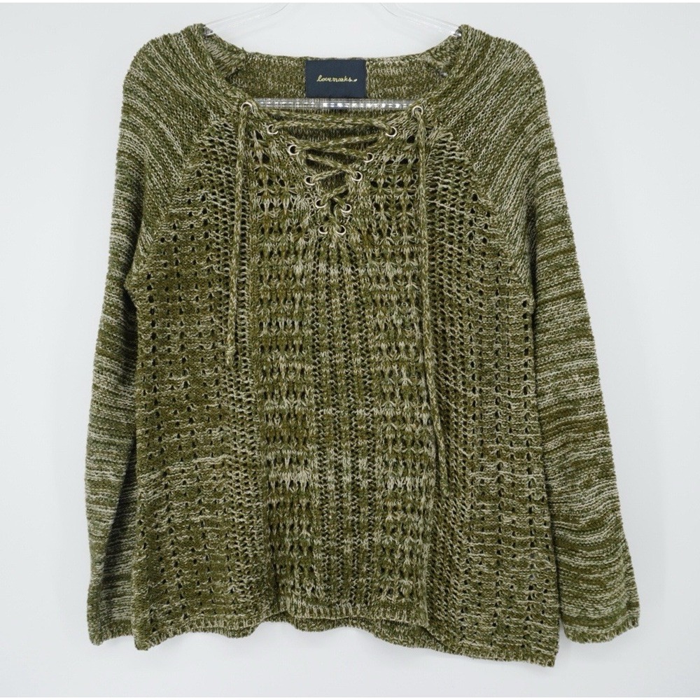 Love Marks Crochet Knit Green Sweater Top Goblincore Fairy Grunge Y2K Forest Lrg